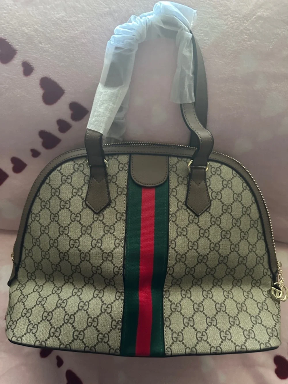 Beige GG Supreme Dome Satchel with Green-Red Web Stripe - Picture 2 of 11